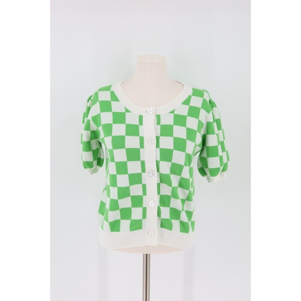 Saint Geraldine Women Medium Green White Checkered Short Sleeve Retro Sweater